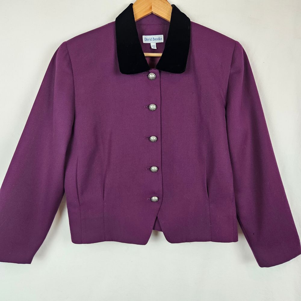 David Brooks 100%‎ wool vintage skirt blazer suit purple black silver, size 10